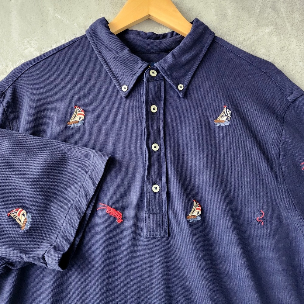 Ralph Lauren Polo Shirt Mens Large Knit Oxford Embroidered Sailboats Lobsters